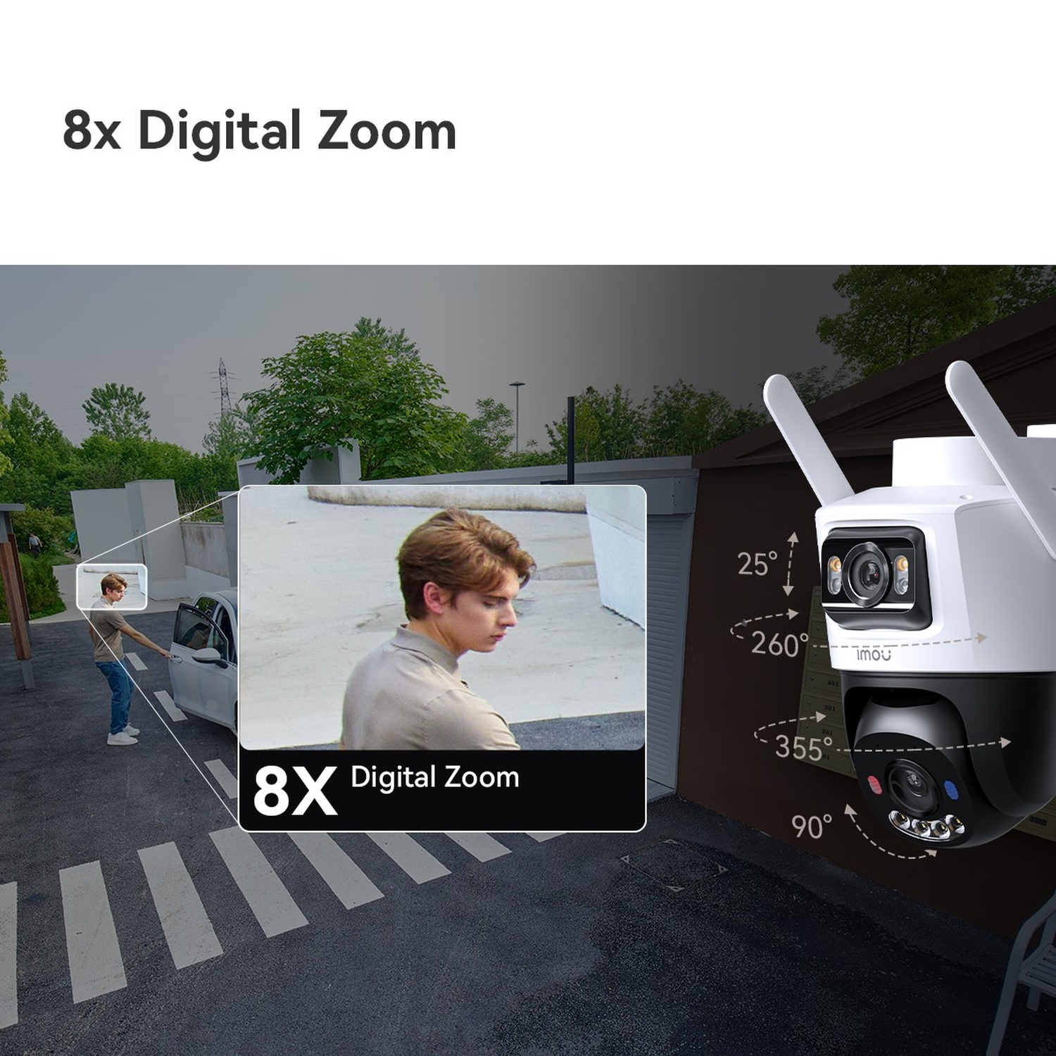 Una telecamera di sicurezza con zoom digitale 8x mostra una persona che si avvicina a un'auto.