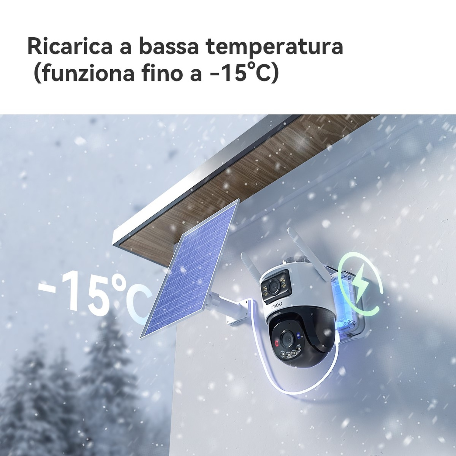 Telecamera di sicurezza con pannello solare in nevicata, funziona fino a -15°C.