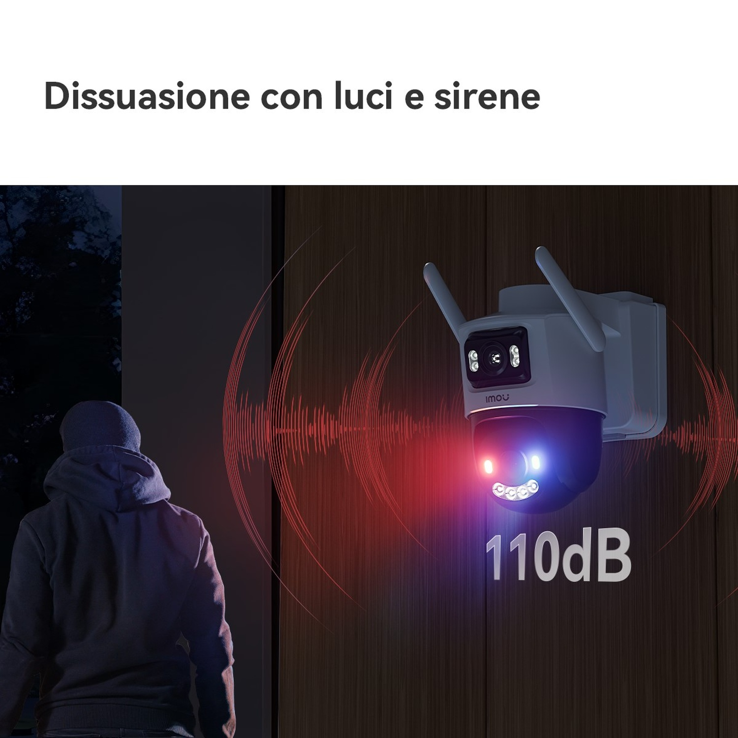 Un uomo con cappuccio si avvicina a una telecamera che emette luci e suoni.