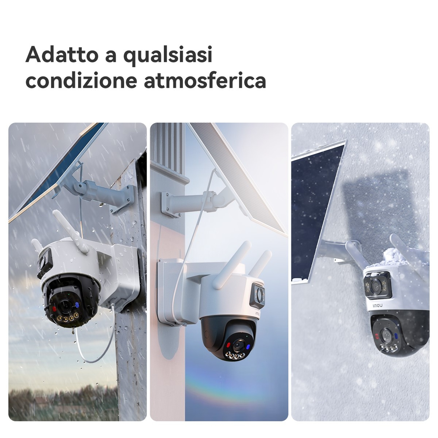 Telecamere di sicurezza con pannelli solari sotto pioggia, sole e neve.