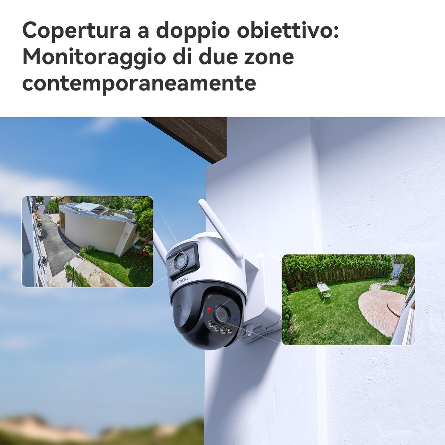Una telecamera di sicurezza bianca a doppio obiettivo mostra due viste esterne di giardini.