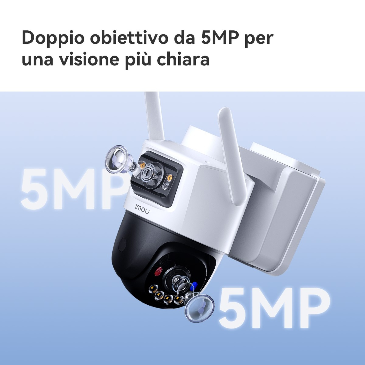 Una telecamera di sicurezza bianca e nera con doppio obiettivo e risoluzione 5MP.