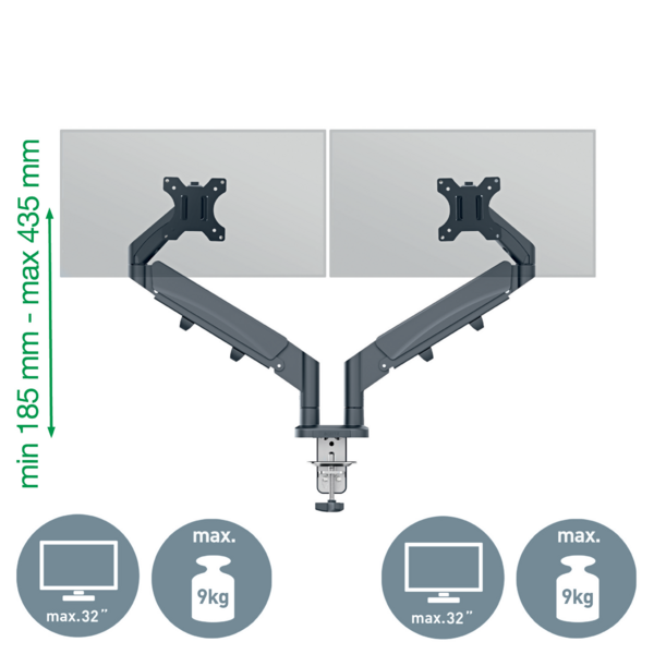 Zwei-Monitor-Halterung mit Verstellbereich 185-435mm, max. 32" und 9kg pro Monitor.