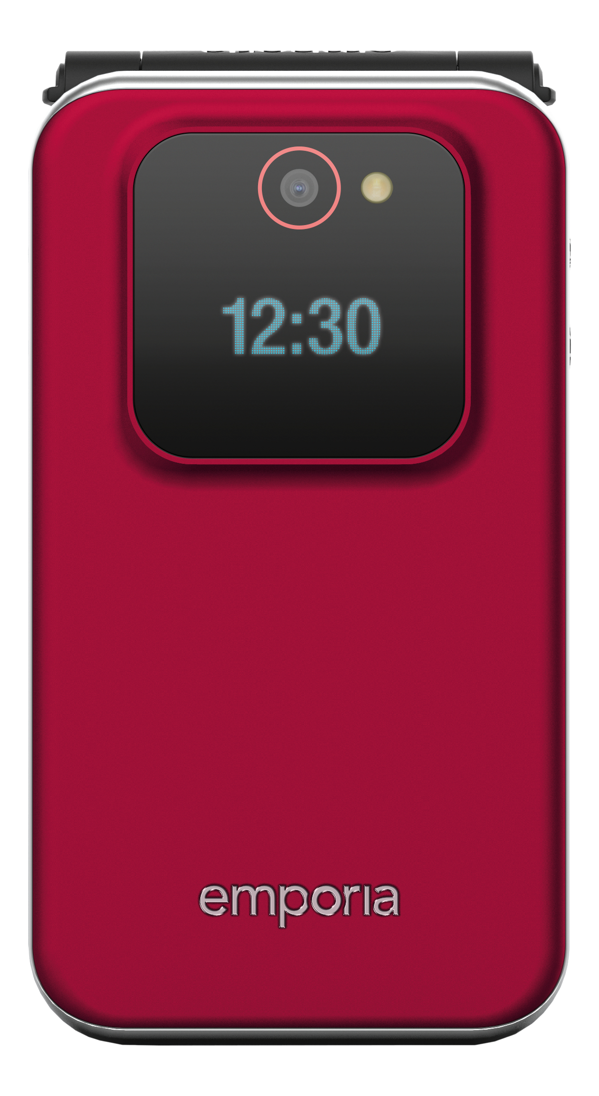 Telefono a conchiglia rosso con fotocamera e orario 12:30.