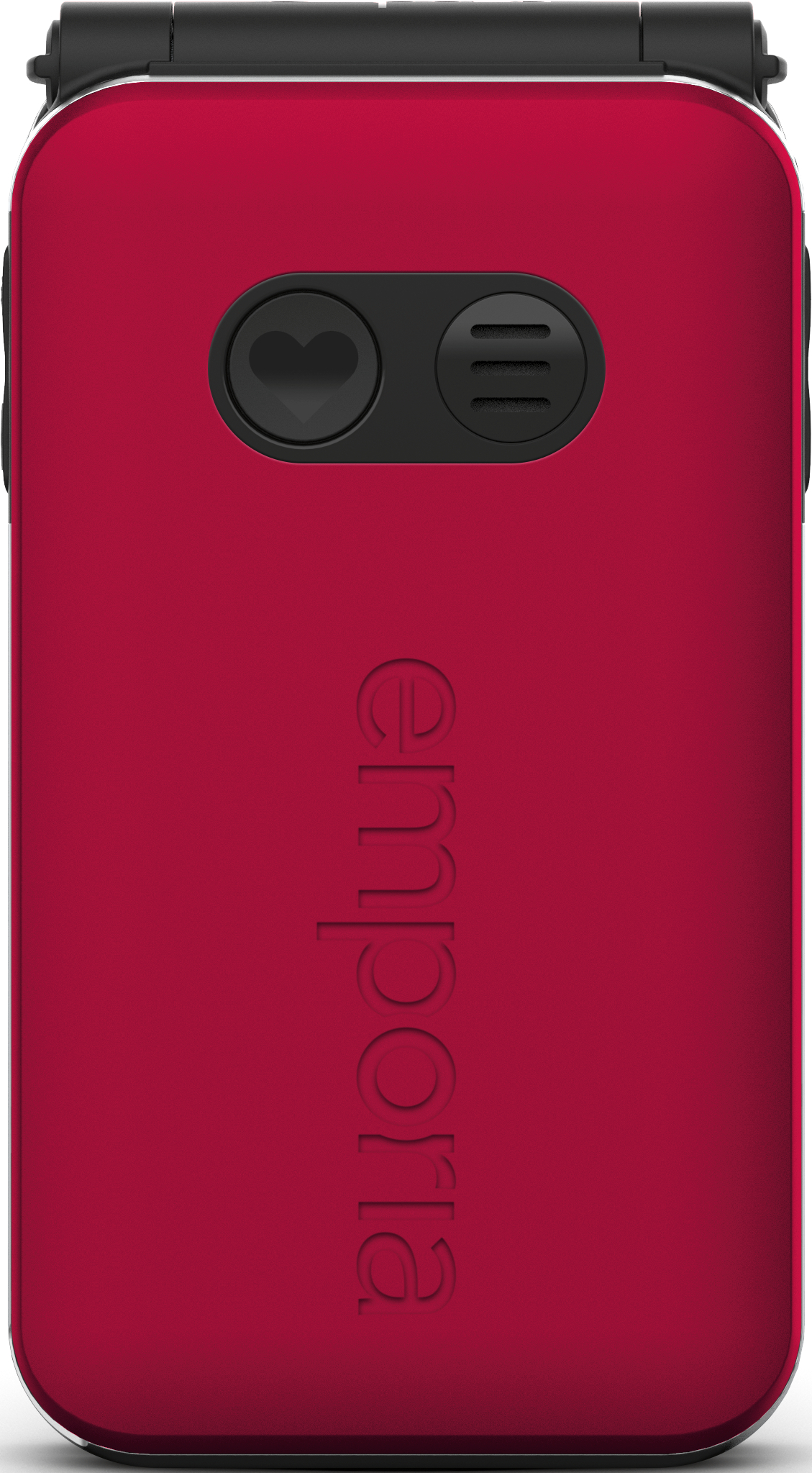 Telefono a conchiglia rosso con tasto cuore e griglia altoparlante.