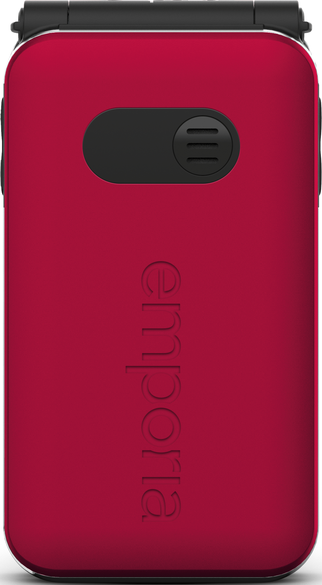Telefono flip rosso con bordo nero, altoparlante e logo emporia.