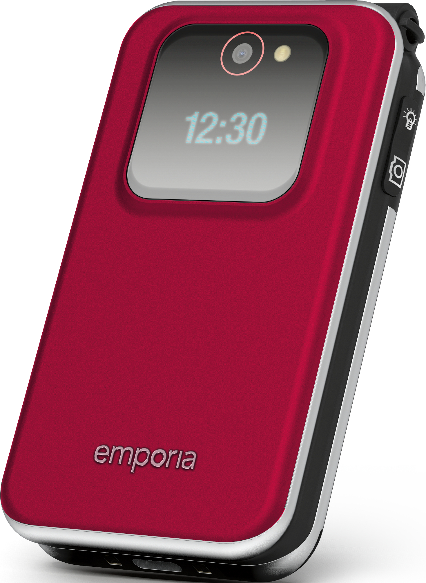 Un telefono a conchiglia rosso con schermo che mostra le 12:30.