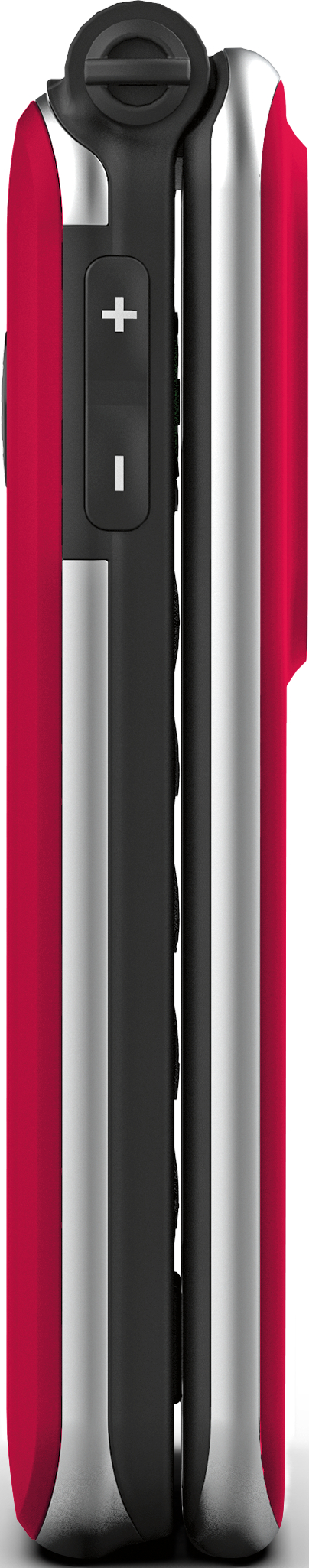 Telefono rosso con accenti argentati e neri, pulsanti volume visibili.