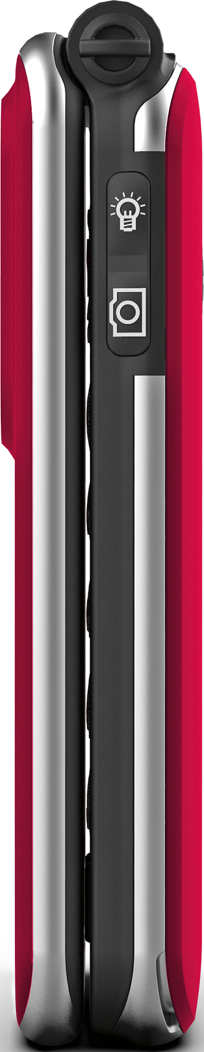 Telefono flip rosso con accenti argento e tastiera nera di profilo.