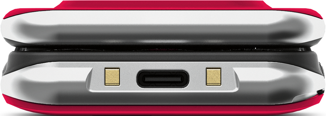 Custodia rossa con porta USB-C e contatti dorati.