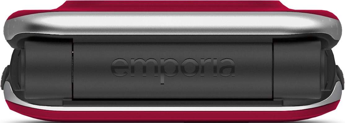 Un dispositivo rosso e argento con il nome Emporia.