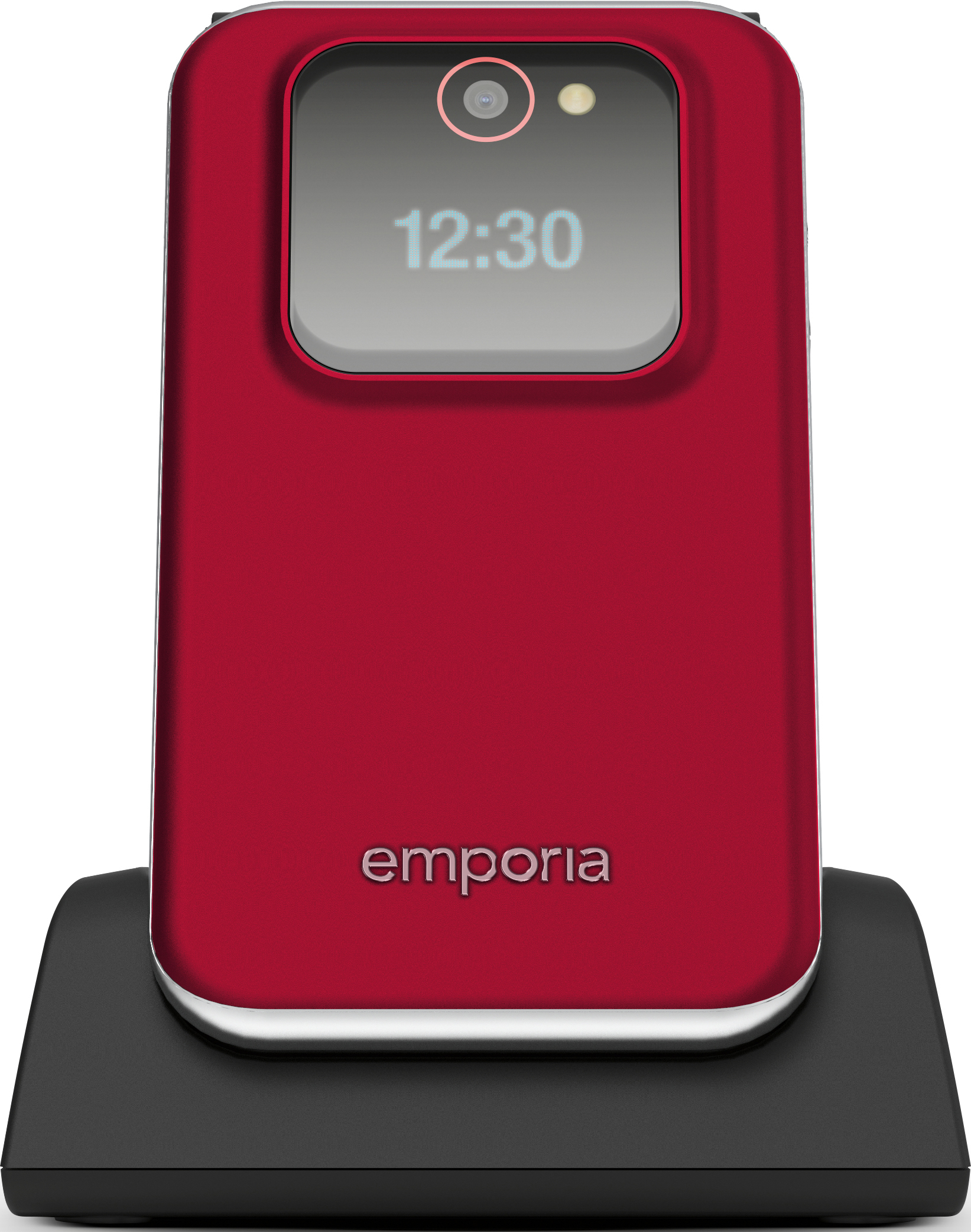 Telefono flip rosso Emporia su base di ricarica nera, mostra le 12:30.