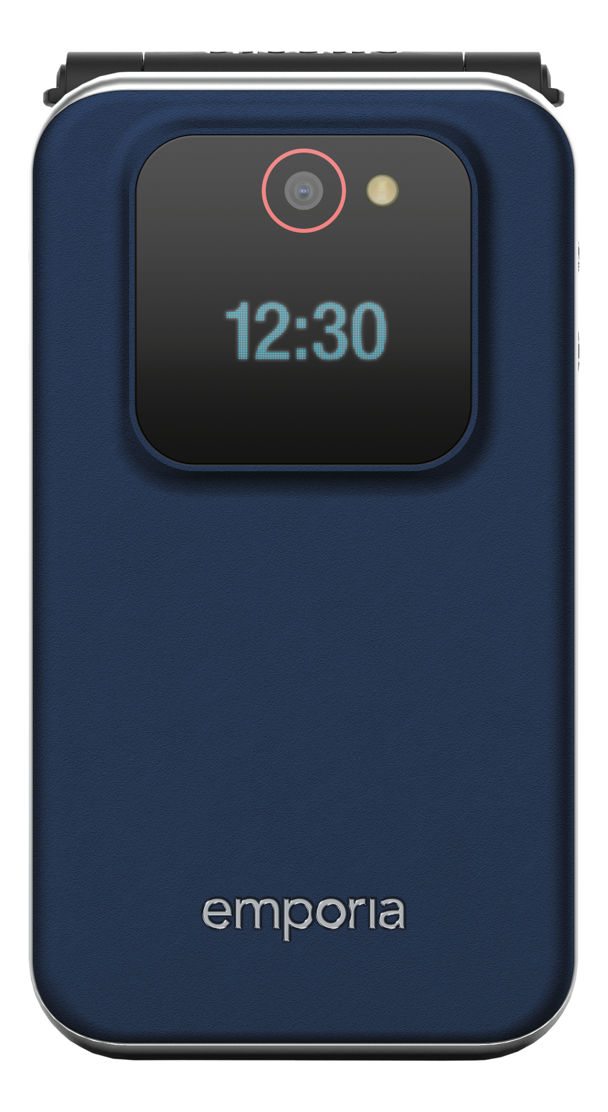 Telefono flip blu scuro con logo "emporia" e ora 12:30.