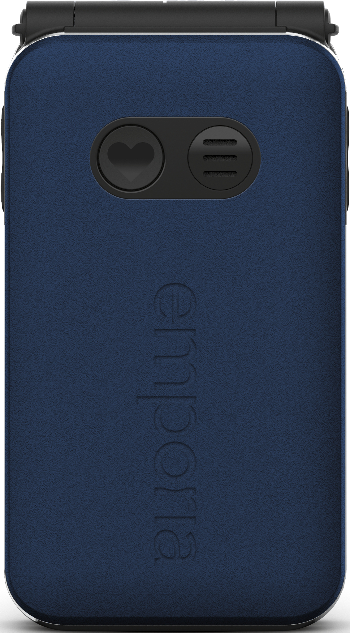 Telefono a conchiglia blu scuro con tasto cuore e logo.