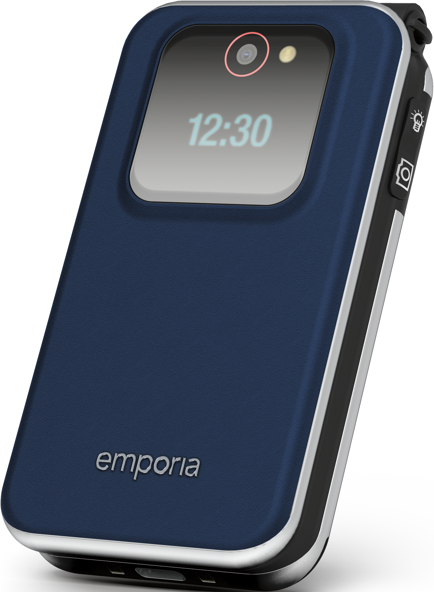 Telefono flip blu scuro con flash fotocamera e ora 12:30.