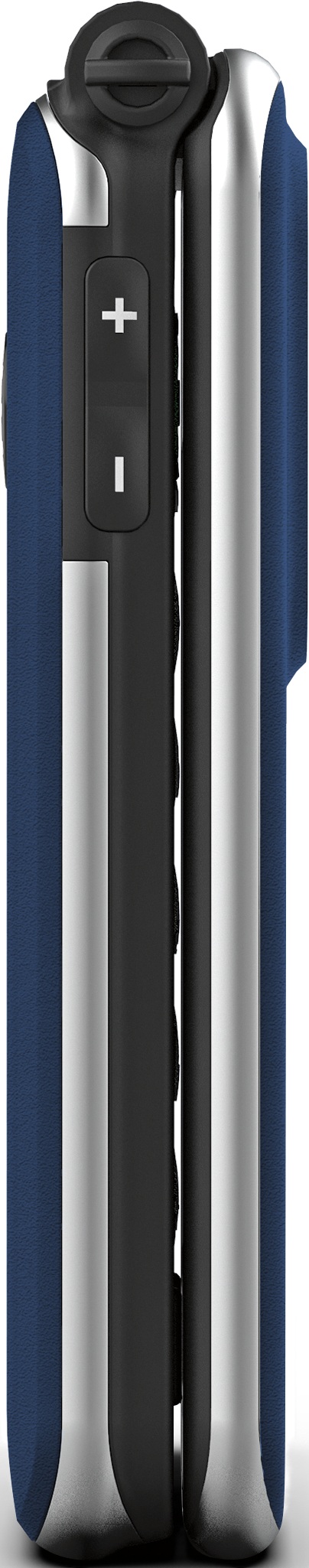 Primo piano di un telefono blu e argento con pulsanti neri e controlli del volume.