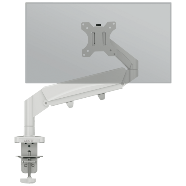 Weißer Monitorarm mit Tischklemme und VESA-Halterung.