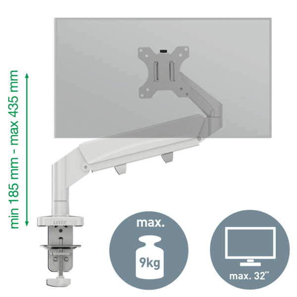Ein weißer Monitorarm mit Klemme, für 9 kg und bis 32 Zoll.