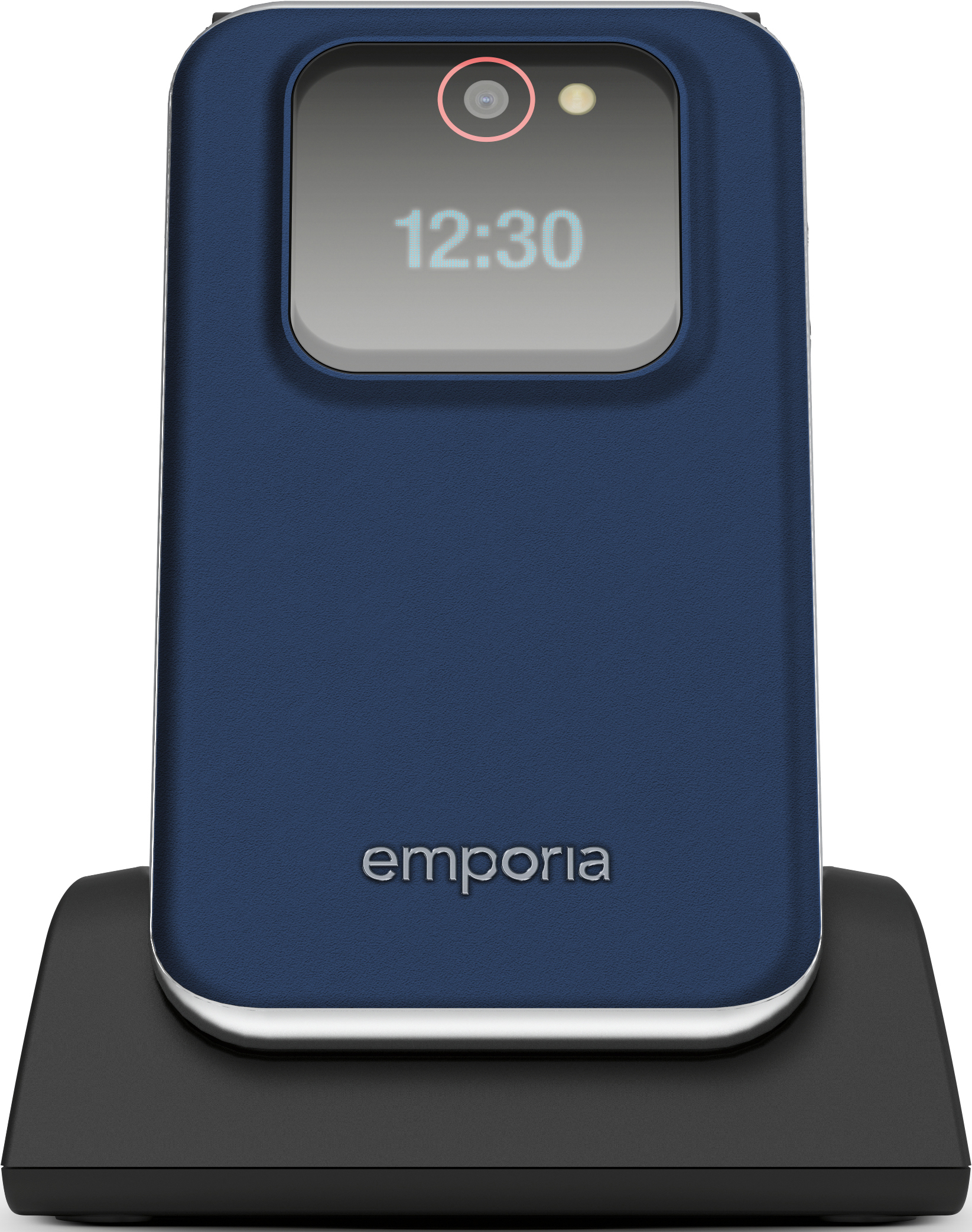 Un telefono Emporia blu poggia su una base di ricarica nera. L'ora 12:30 è visibile.
