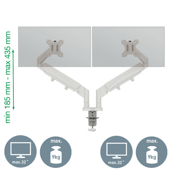 Weißer Doppelmonitorarm mit Klemme, max. 32 Zoll, 9kg