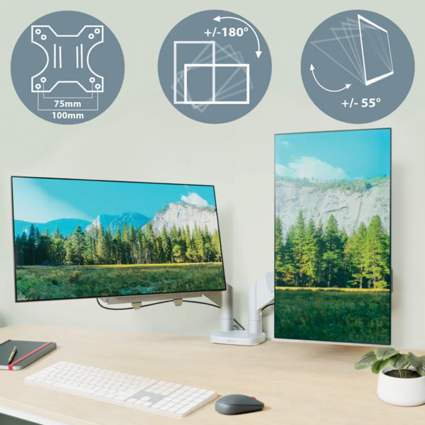 Ein Schreibtisch mit zwei Monitoren, einer horizontal und einer vertikal. Oben sind technische Diagramme.
