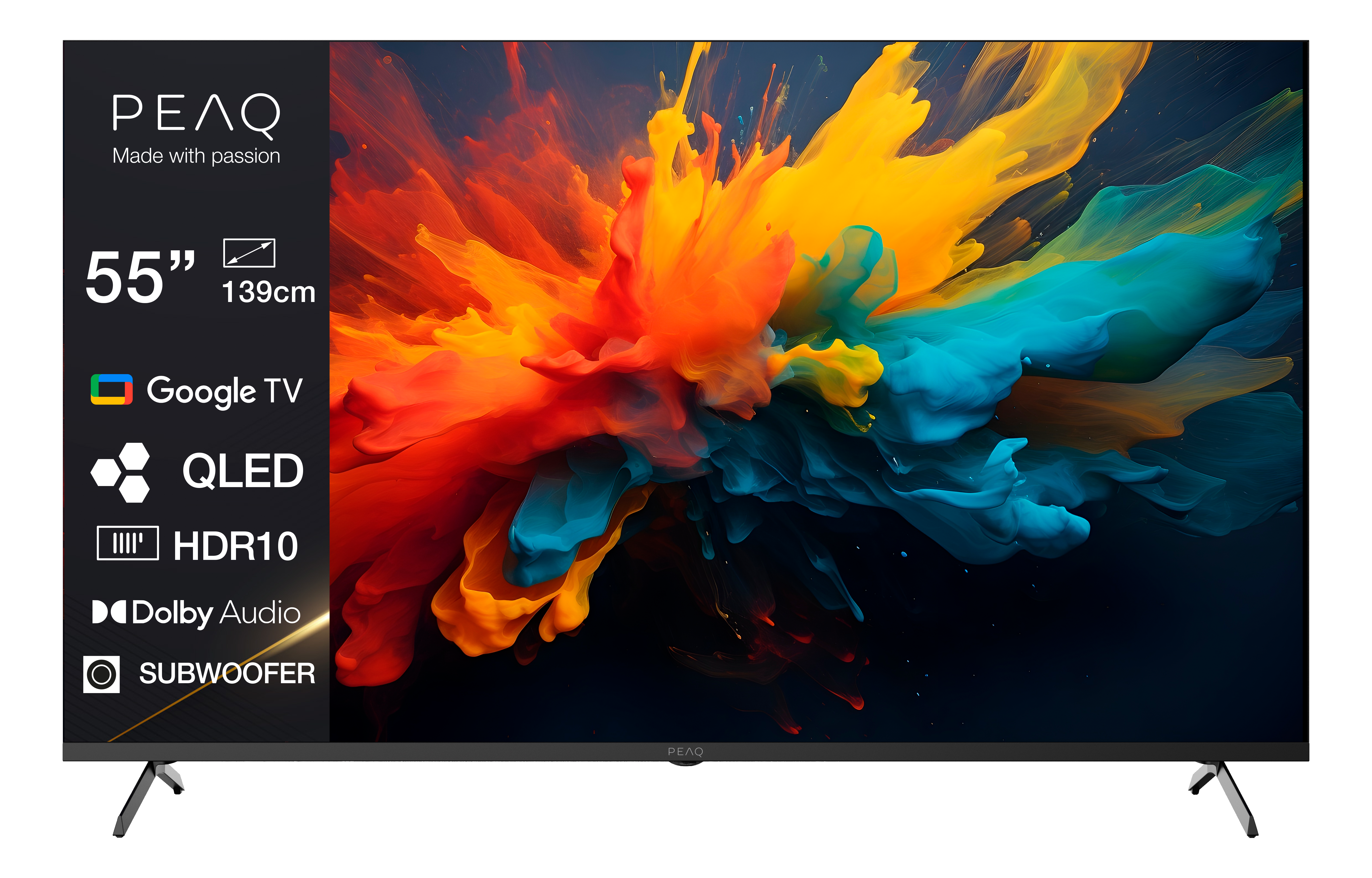 Un téléviseur PEAQ QLED de 55 pouces avec Google TV, affichant de vives explosions de couleur.