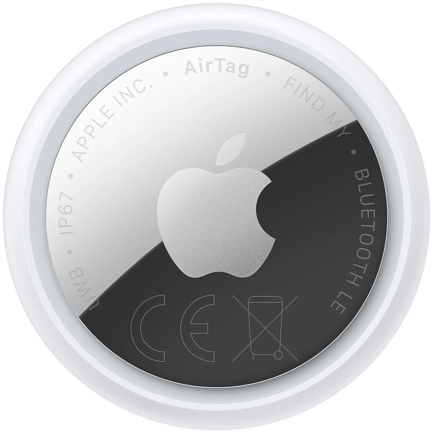 Apple AirTag ezüst Apple logóval fekete-fehér háttéren.