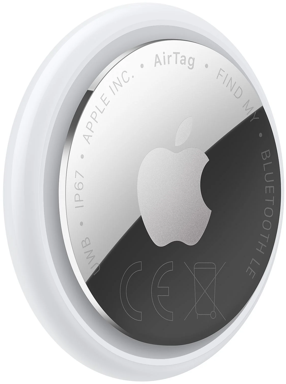 Egy Apple AirTag ezüst előlappal és fehér házzal.