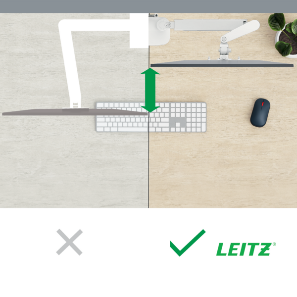 Schreibtisch mit Monitorarm, Tastatur und Maus. Links falsch, rechts richtig.