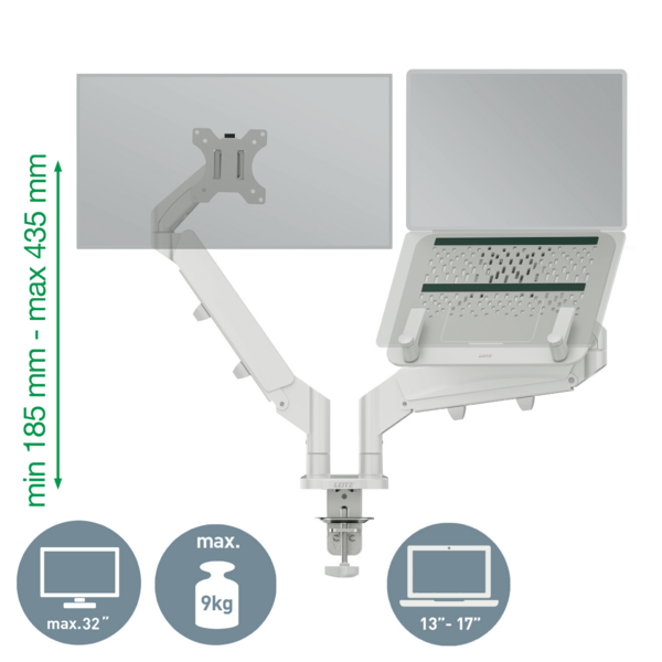 Ein weißer Monitor- und Laptopständer mit Gelenkarm für Schreibtischmontage.