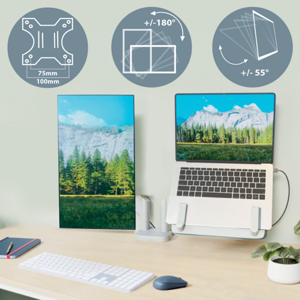 Schreibtisch mit Laptop, vertikalem Monitor und Tastatur. Diagramme zeigen Maße und Winkel.