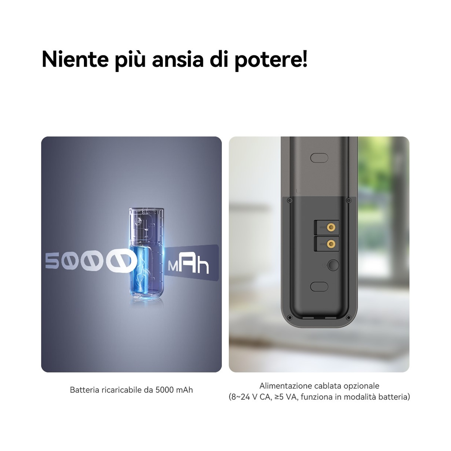 Batteria ricaricabile da 5000mAh e alimentazione cablata opzionale.
