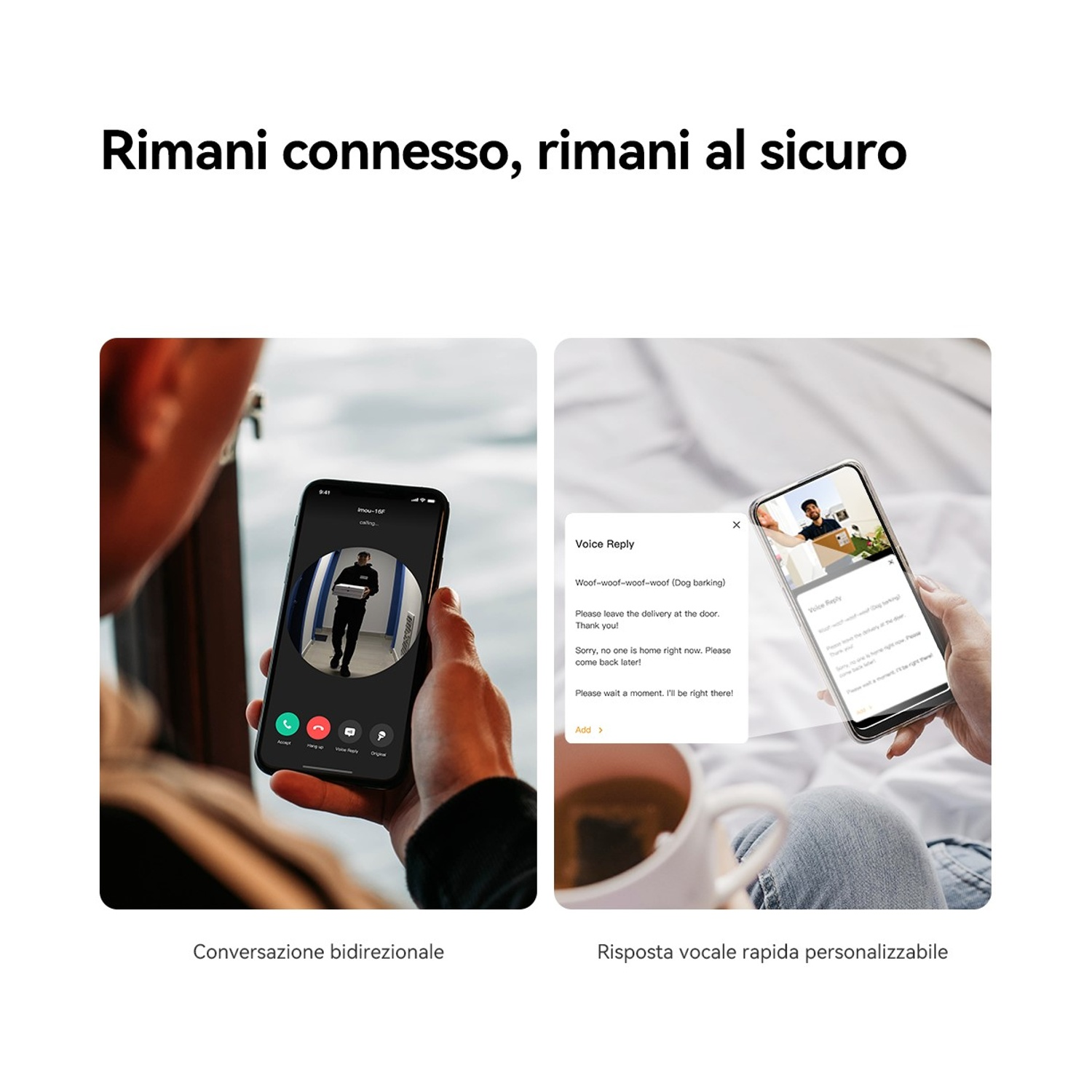 Due telefoni mostrano videochiamate: uno con un fattorino, l'altro con risposte vocali.