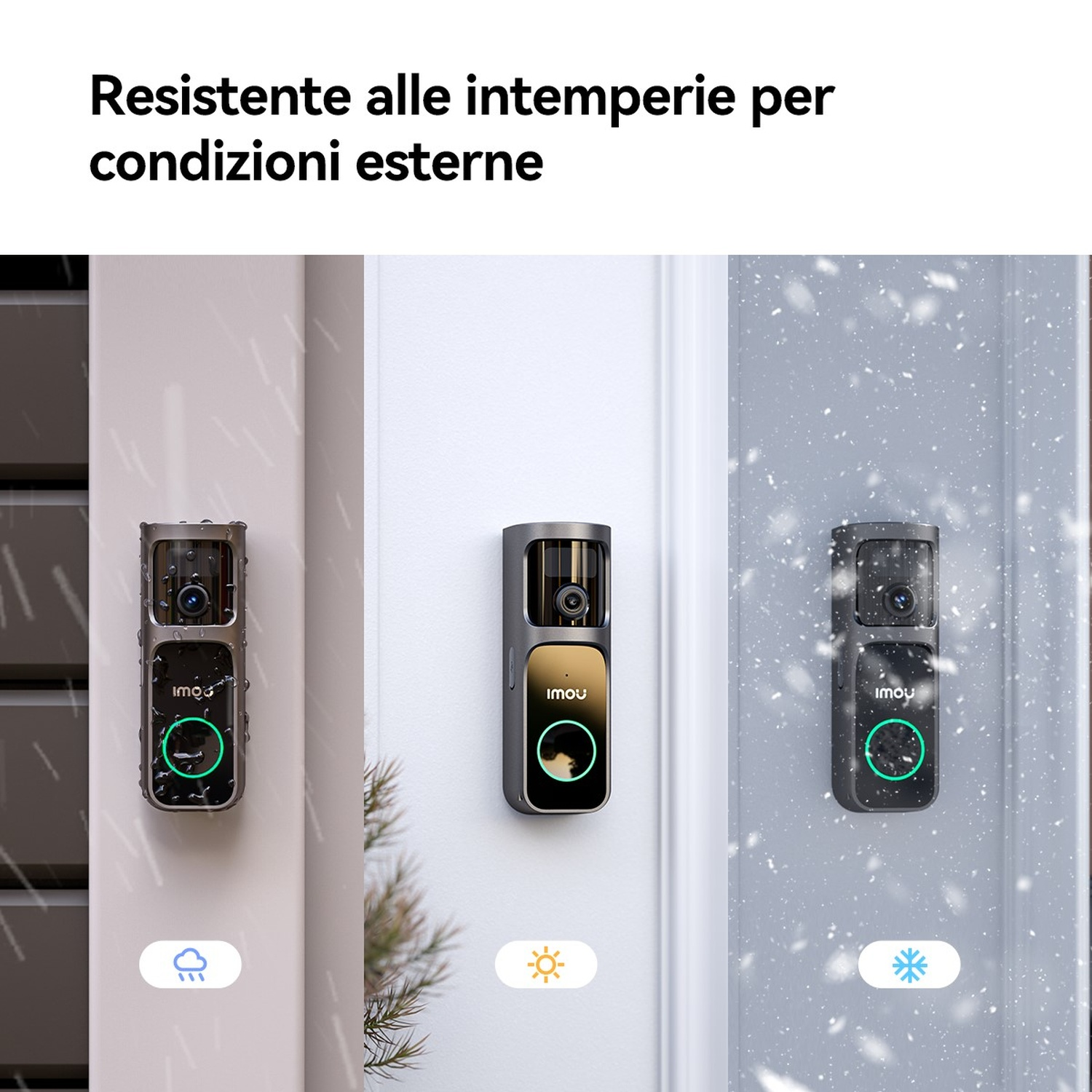Tre videocitofoni mostrano resistenza a pioggia, sole e neve.