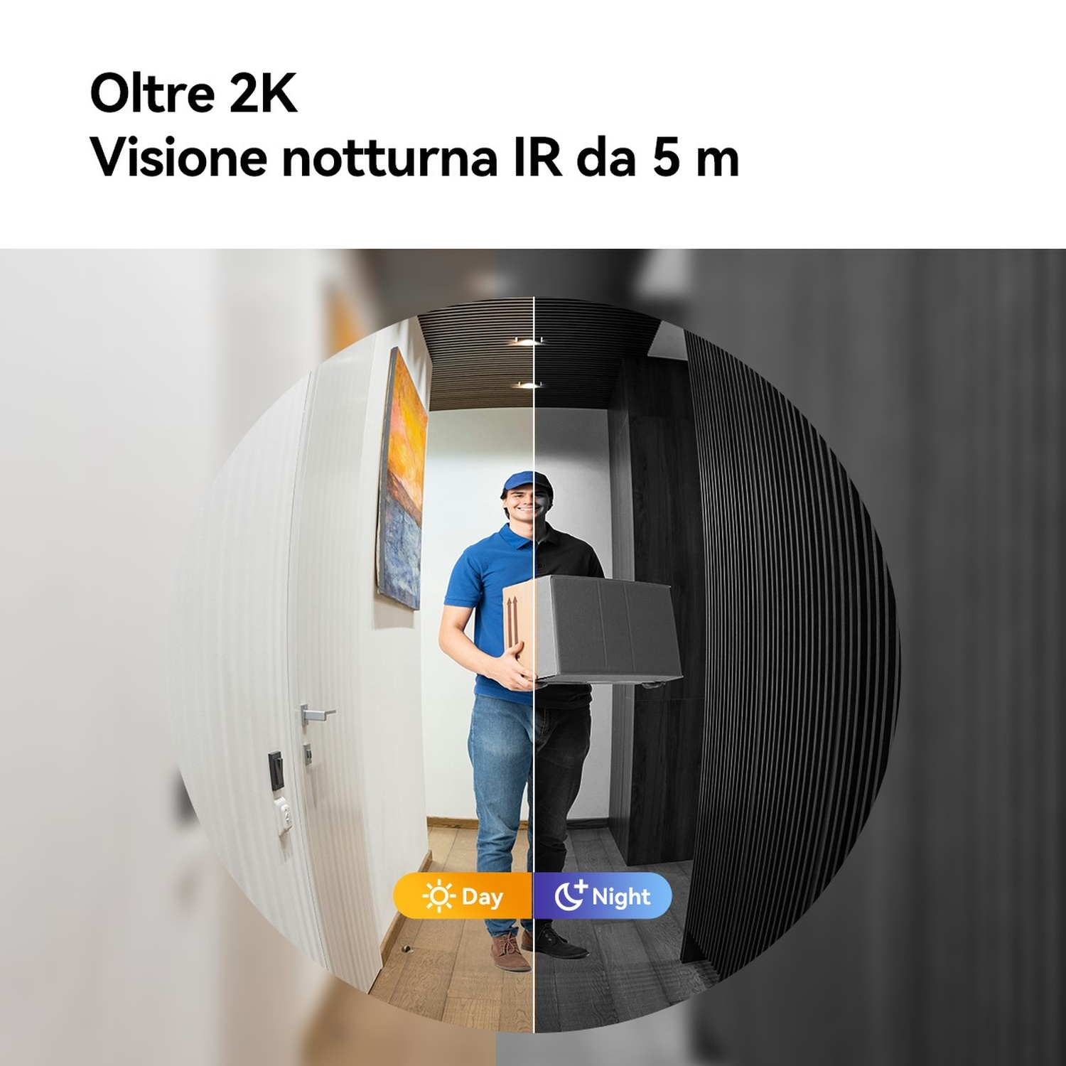 Un uomo con un pacco in una porta, vista giorno e notte.