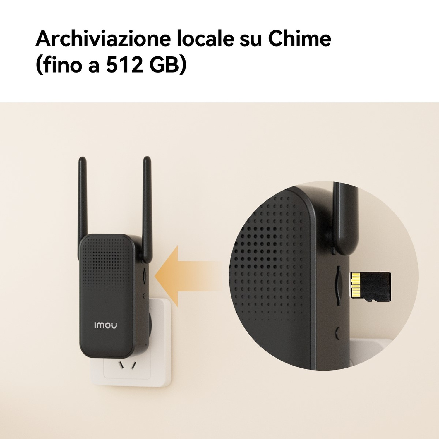 Un router Imou nero con antenne è inserito in una presa a muro bianca.
