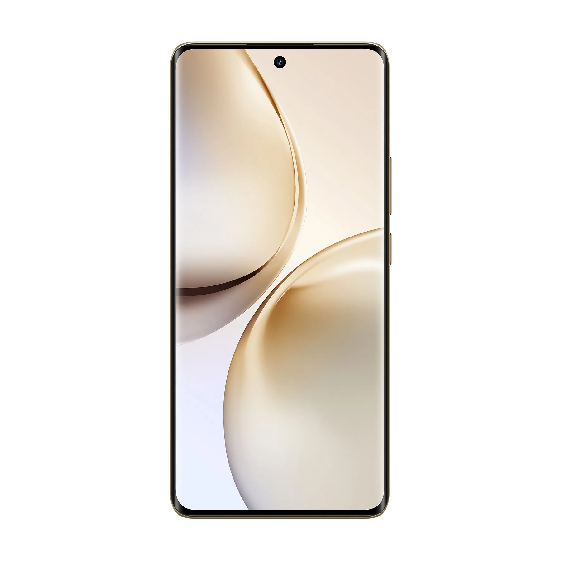 Un elegante smartphone con marco dorado y fondo colorido.