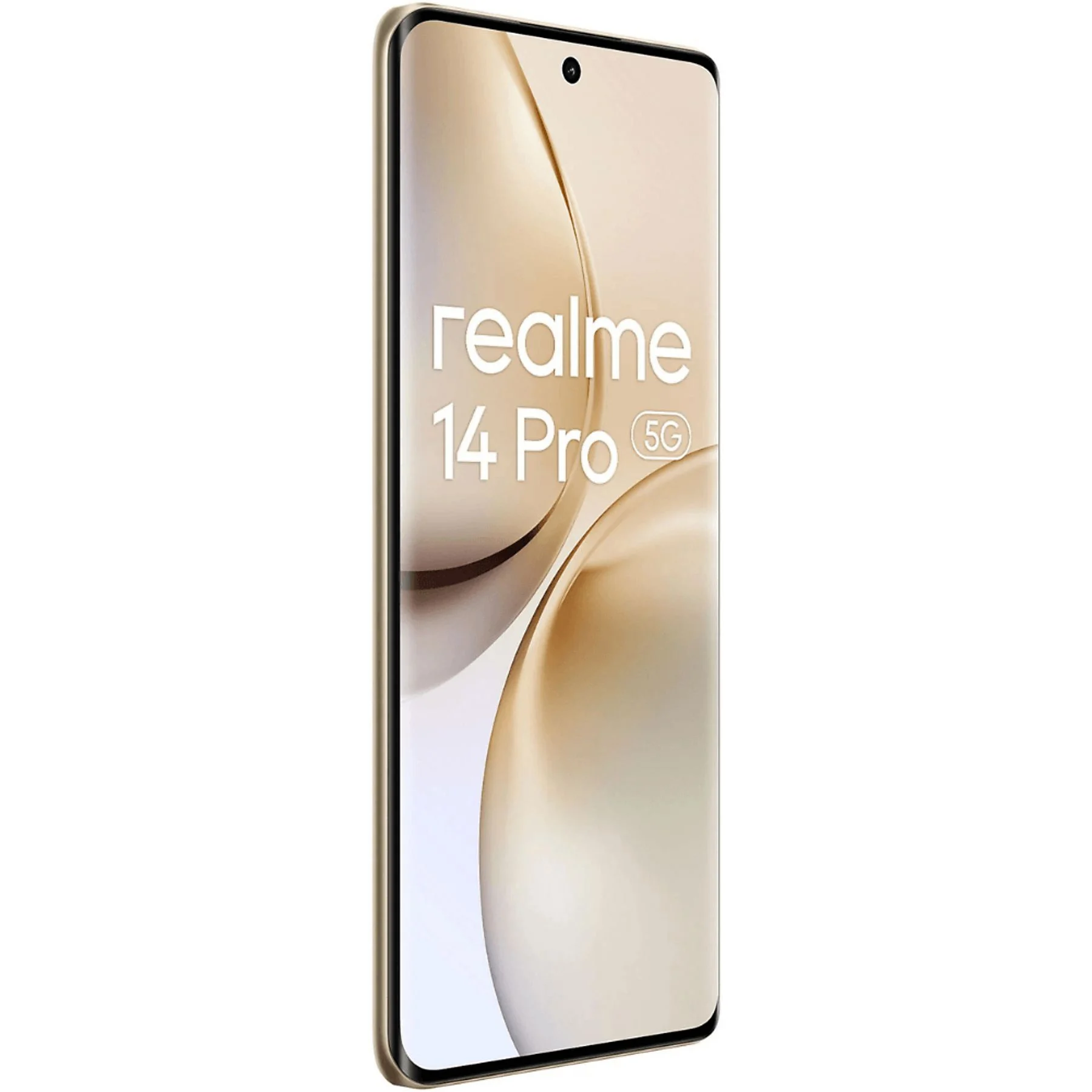 Smartphone Realme 14 Pro 5G dorado con pantalla completa y cámara frontal.