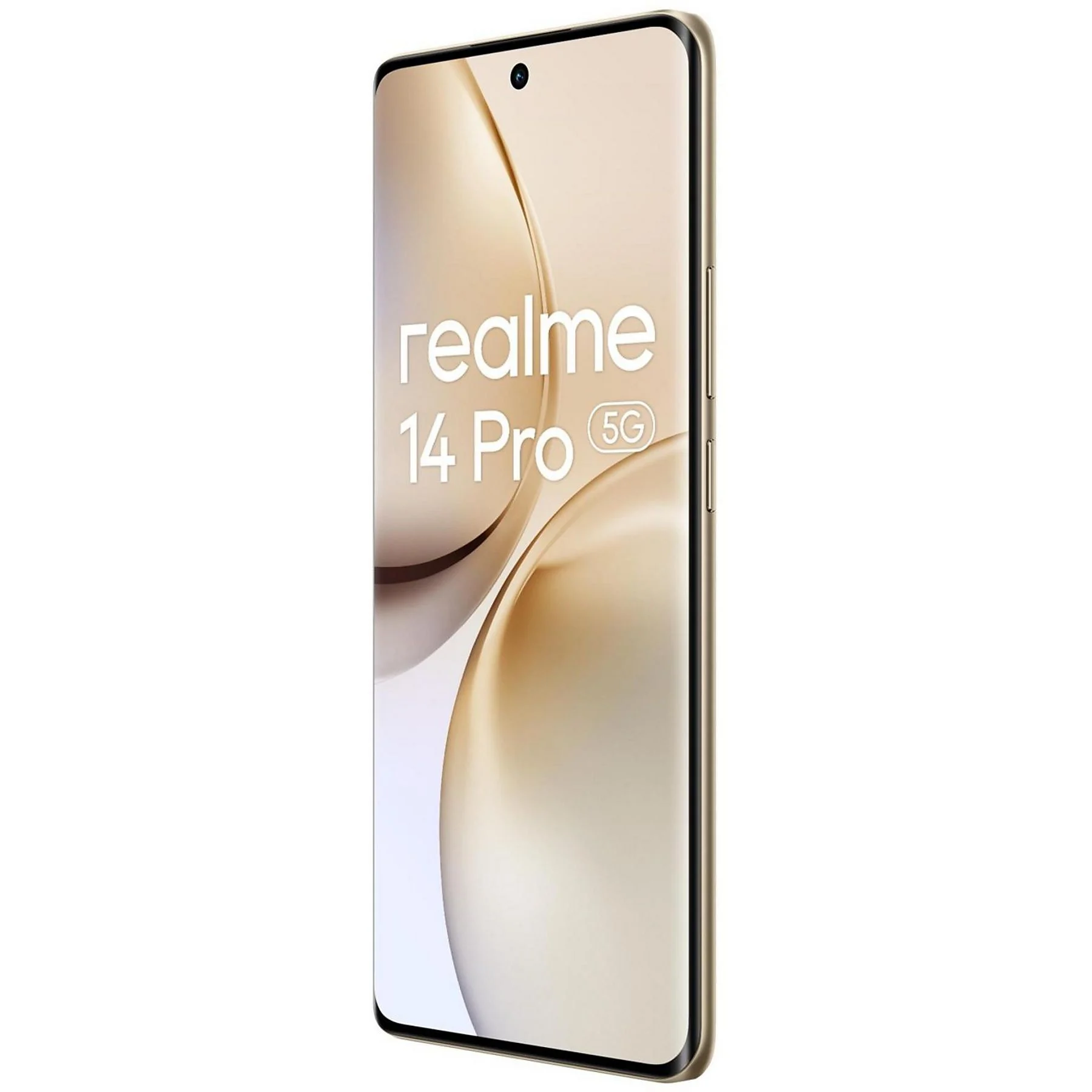 Un smartphone Realme 14 Pro 5G dorado con bordes curvos y cámara frontal.