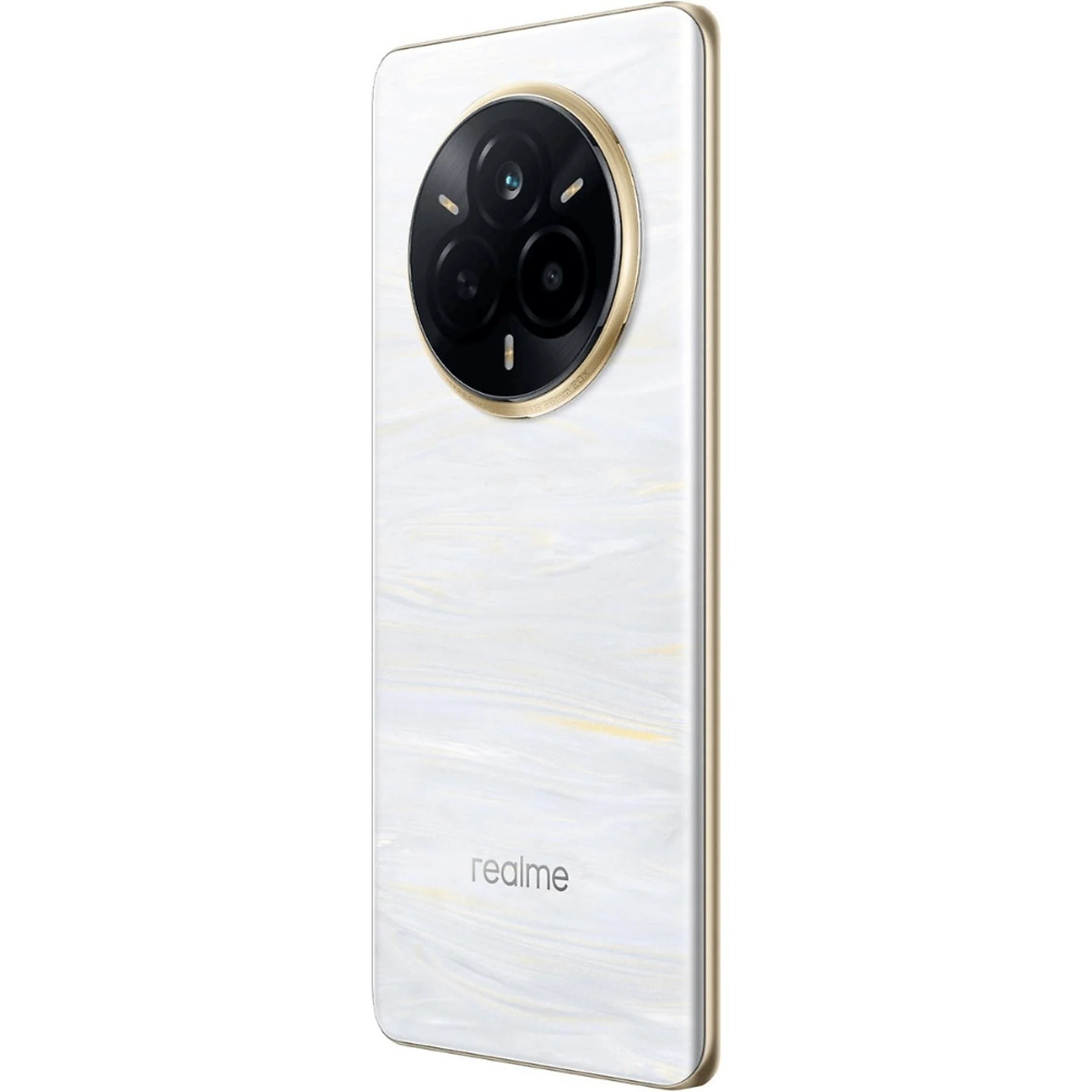 Un smartphone blanco con patrón de mármol y bisel dorado en la cámara.