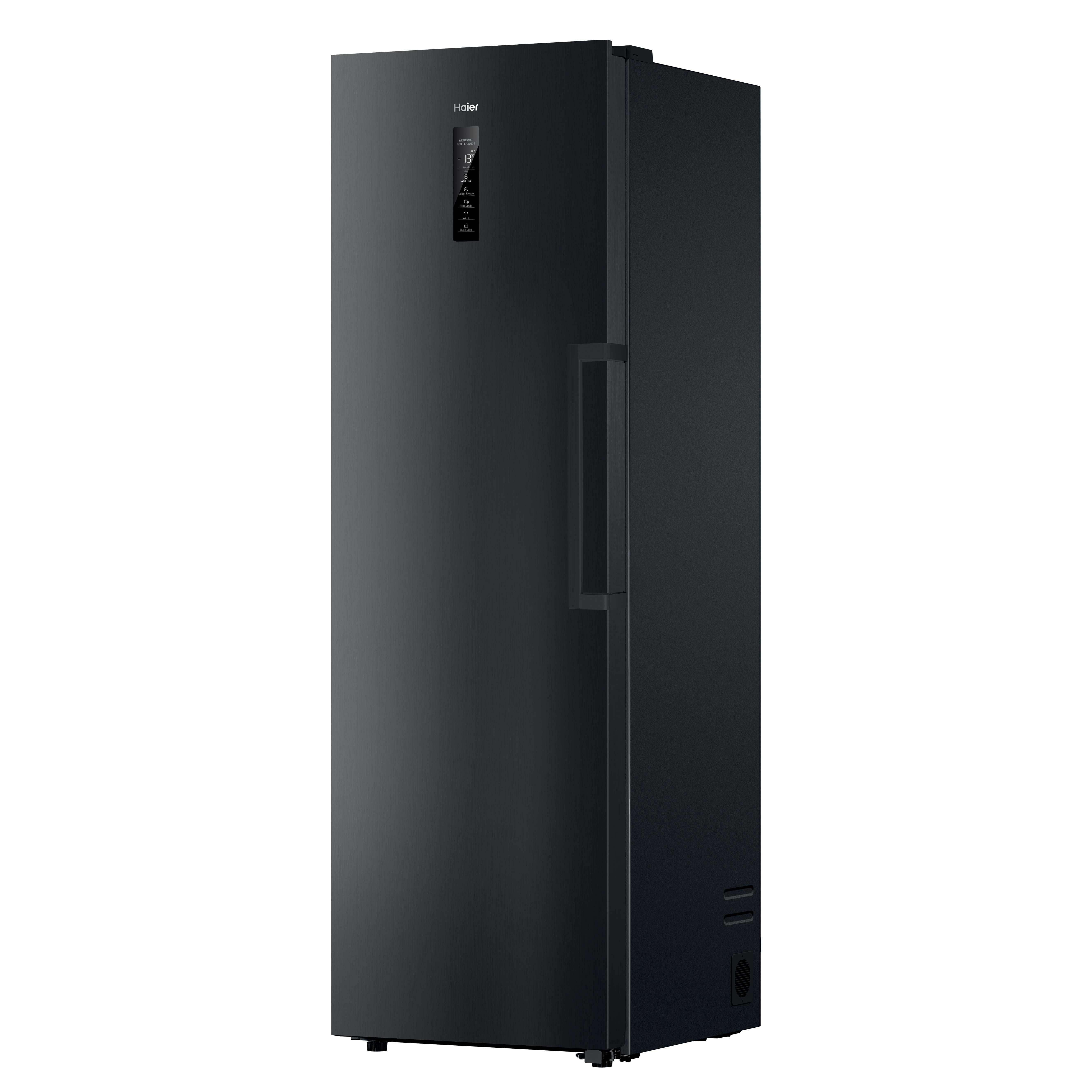 Ein schwarzer Haier-Kühlschrank mit Touchscreen und Griff.