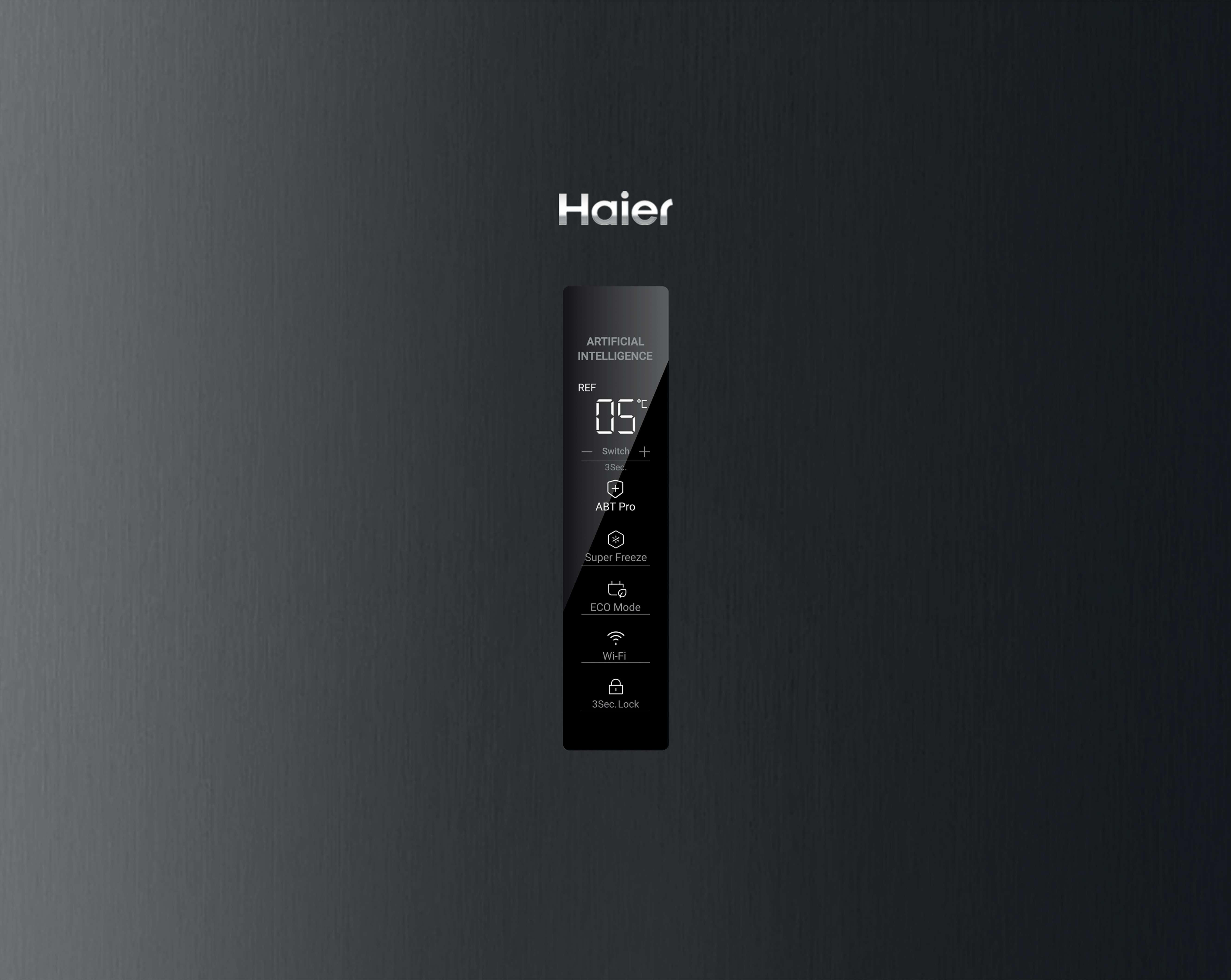 Haier-Kühlschrank-Bedienfeld mit Temperaturanzeige und Funktionen.