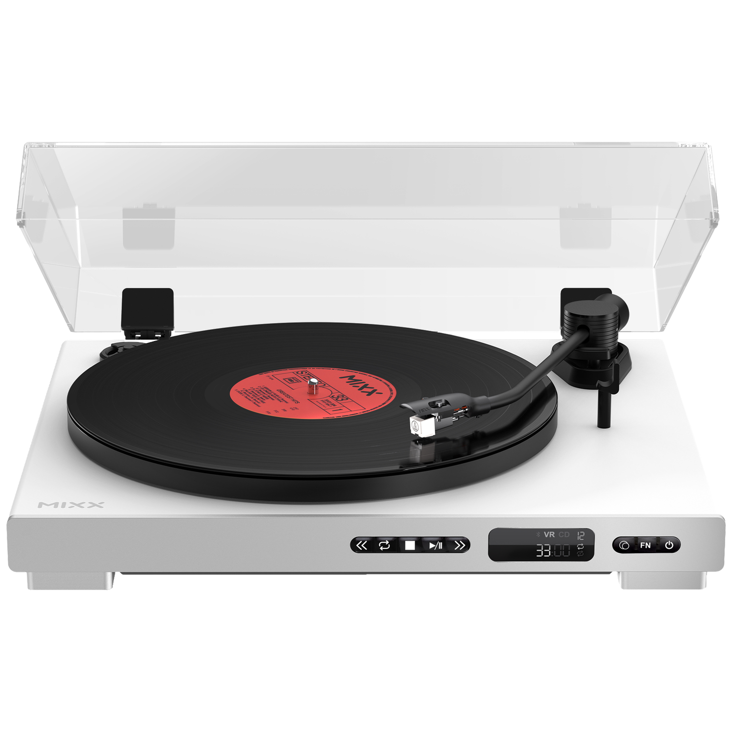 Een witte draaitafel met een zwarte vinylplaat en een transparante stofkap.