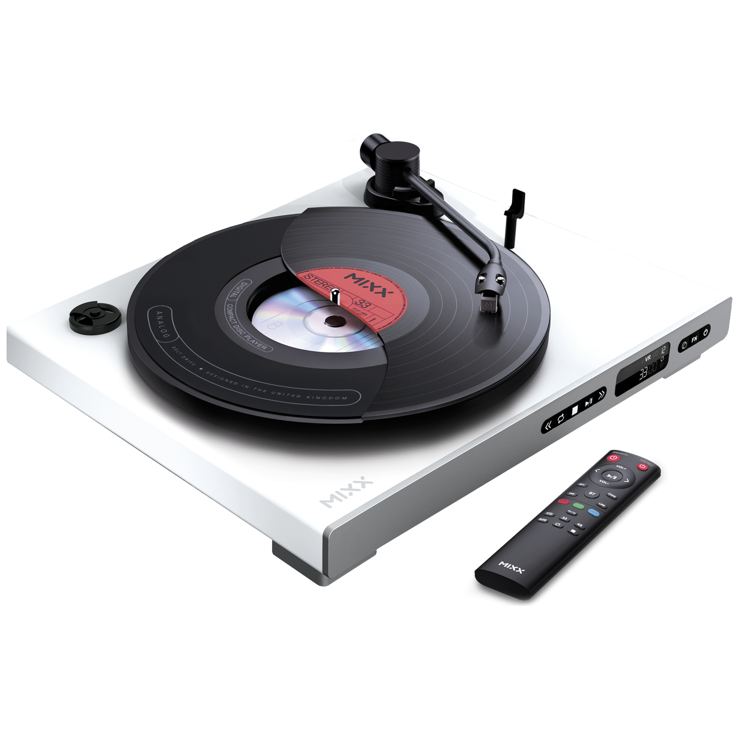 Witte platenspeler met zwarte vinylplaat en afstandsbediening.
