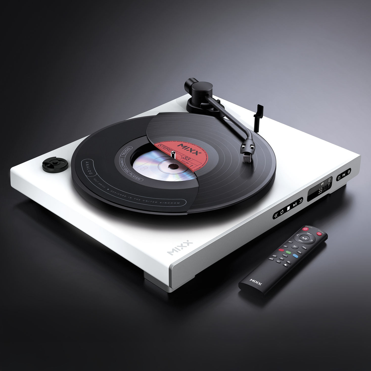 Een witte platenspeler met een zwarte vinylplaat en een afstandsbediening.