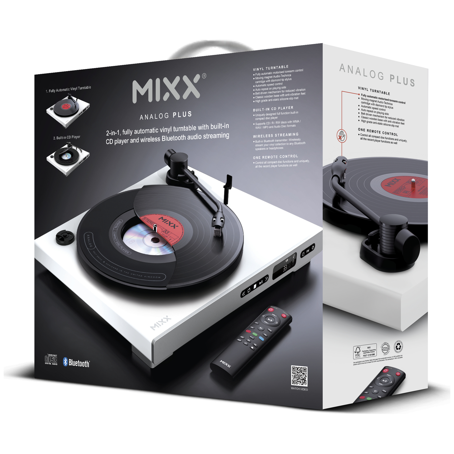 MIXX Analog Plus platenspeler met CD-speler, Bluetooth en afstandsbediening.