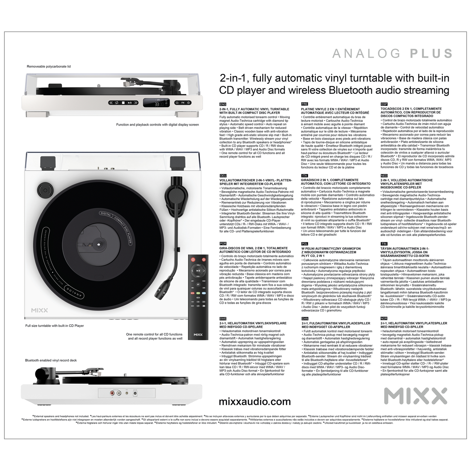 Een witte platenspeler met CD-speler en afstandsbediening.