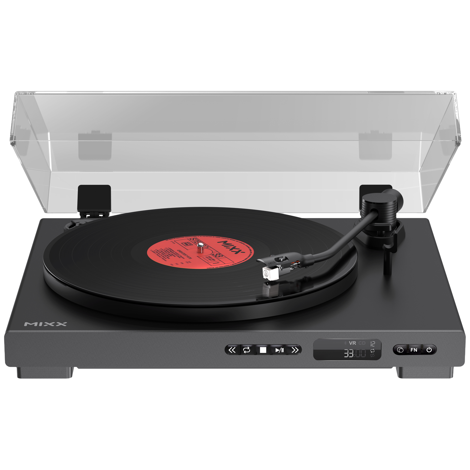 Een zwarte platenspeler met een vinylplaat en een transparante stofkap.