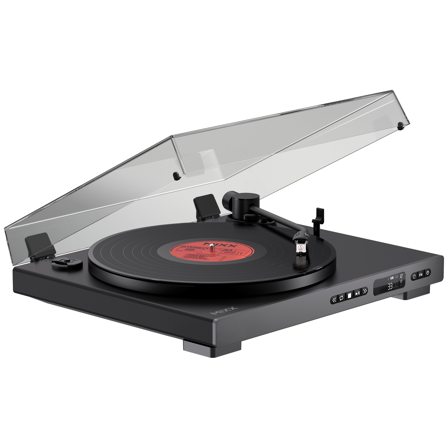 Zwarte platenspeler met vinylplaat, open transparante kap.