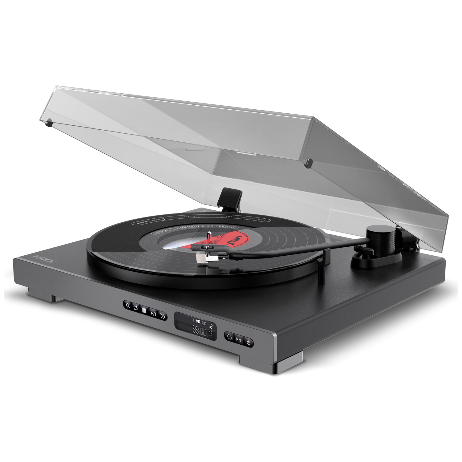 Een zwarte platenspeler met open, doorzichtige deksel, met een zwarte vinylplaat.